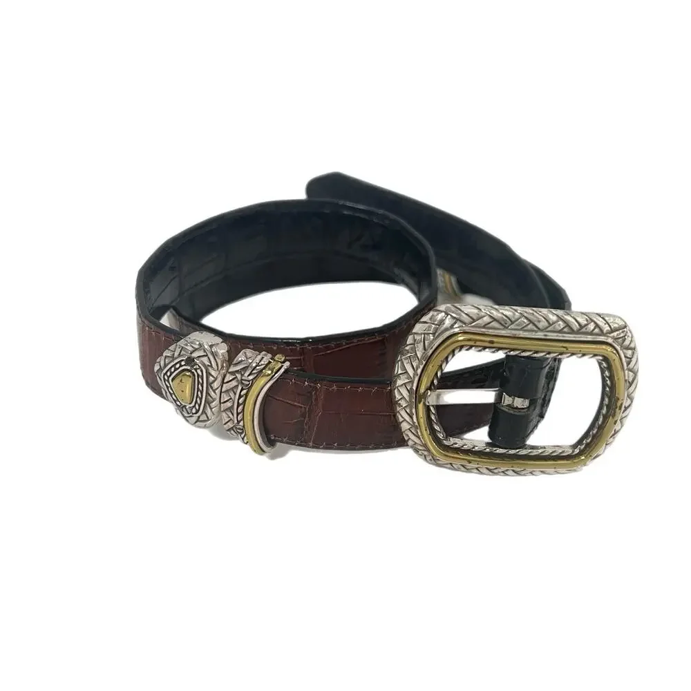 Brighton Reversible Black Brown Leather Croc Belt Size 32 Silver Gold Buckle